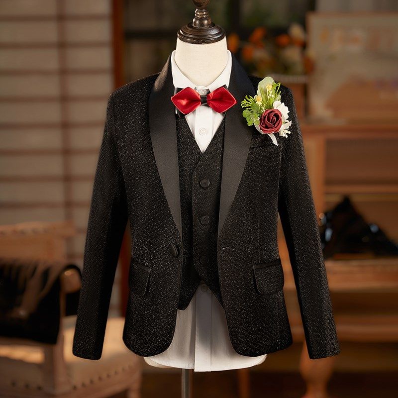 黑色男童西装套装亮片西服儿童主持人礼服走秀晚会钢琴演出服高端