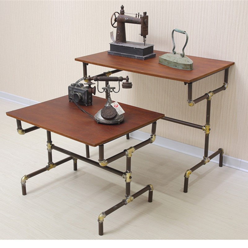 复古实木铁艺服装展示架服装店落地水管高低流水台鞋包展示柜包邮