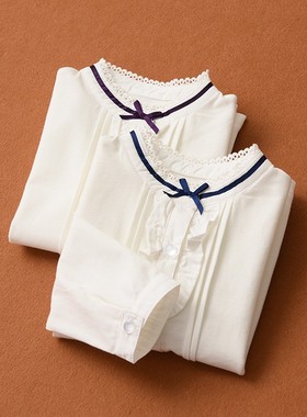 儿童纯棉木耳边衬衣 女童立领花边蝴蝶结白色衬衫 中大童 春秋款