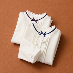 儿童纯棉木耳边衬衣 女童立领花边蝴蝶结白色衬衫 中大童 春秋款