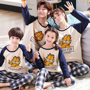 亲子睡衣一家三口装母女春秋款纯棉母子四口秋季男童秋冬大童大码