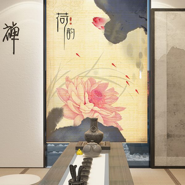 荷花韵竹帘美容院隔断日式竹窗帘复古竹帘新中式茶社禅意门帘卷帘