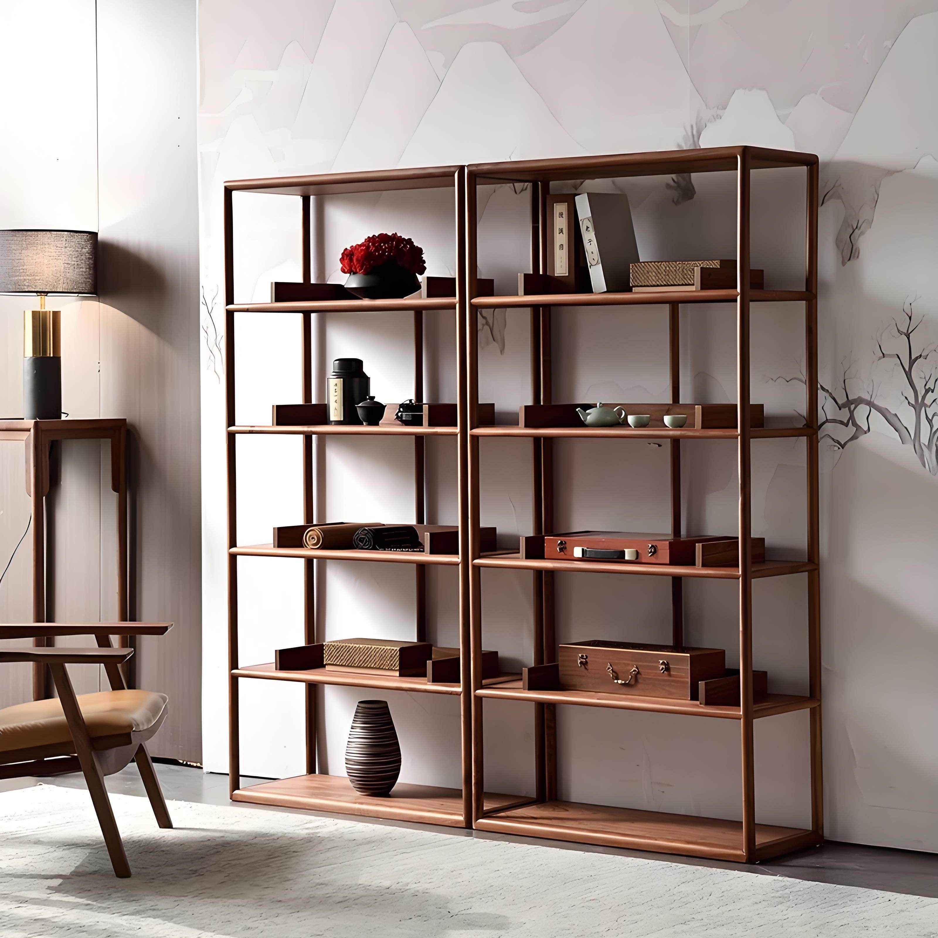 锦华宋氏美学北美胡桃木博古架实木书架客厅置物架茶室展示柜书柜