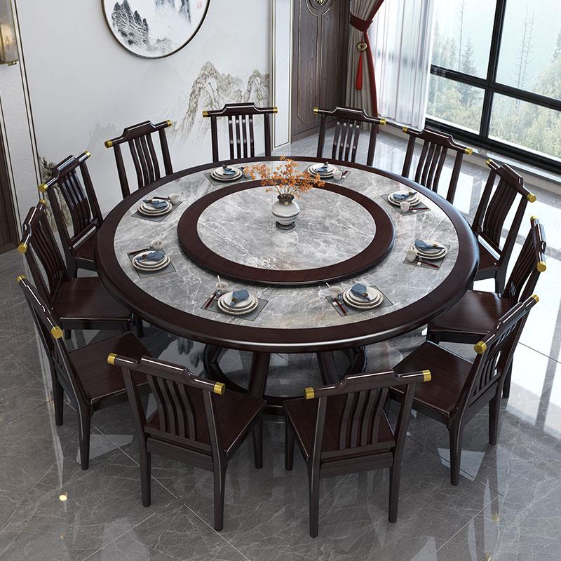 实木餐桌新中式圆形岩板电磁炉火锅饭桌家用饭店大圆桌2m吃饭桌子