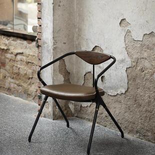 北欧表情进口橡木铸铁D8工业风工作室餐椅头层牛皮扶手椅休闲 椅