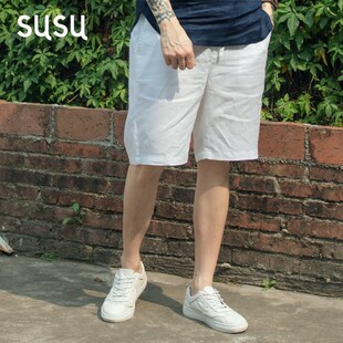 系带裤 宽松休闲海边渡假速干超薄五分裤 夏 男亚麻白色短裤 沙滩裤
