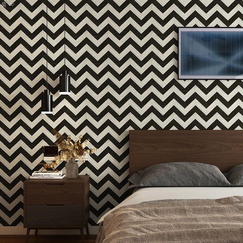 北欧黑白条纹壁纸自粘几何波浪卧室客厅电视背景墙壁纸自贴简约