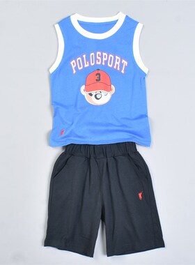 夏季男女儿童全棉休闲运动两件套装48L81987卡通印花刺绣背心短裤