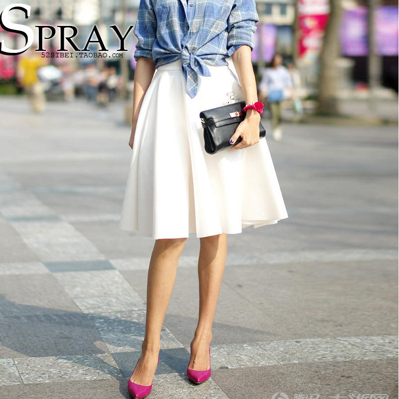 21夏新款甜美淑女雪纺白色百褶裙半身裙中裙A字大摆裙短裙伞裙 潮