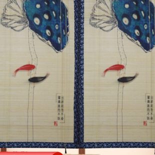 复古印花门帘饭店阳台遮阳窗帘茶室禅意背景隔断 竹帘升降卷帘中式