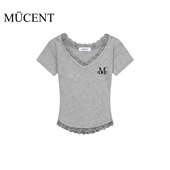 蕾丝拼接黑色简约时尚 mucent蕾丝V领T恤短袖 女夏2025新款 小众百搭