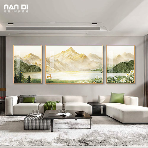 日照金山客厅装饰画现代沙发背景墙挂画风景山水画奶油风