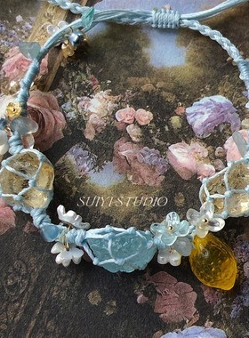 随一柠檬夏季编织手编织手链妇女海蓝宝石黄水晶原石网眼袋配件