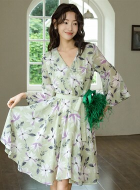 轻盈!好凉快!淡绿色碎花肌理雪纺连衣裙165水样柔滑仙女茶歇裙