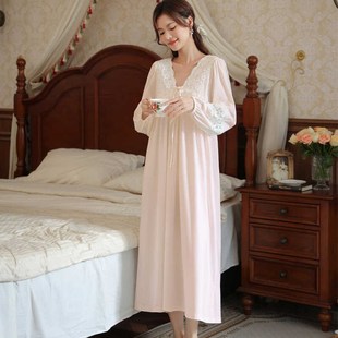 宫廷风V领公主睡裙春夏季 法式 纯棉蕾丝家M居服镂空甜美睡衣长裙
