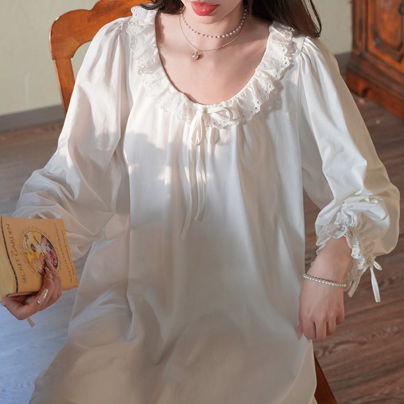 白色宫廷风睡裙女春秋季纯棉长袖长款宽松甜美复古公主风睡衣夏季