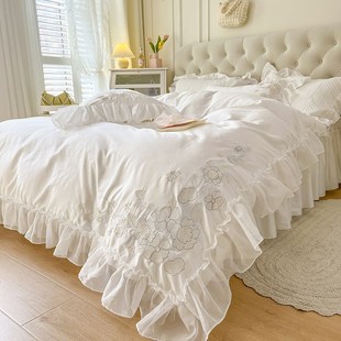 仙女白公主风刺绣全棉纯棉四件套超仙蕾丝边被套床单夏季 床上用品