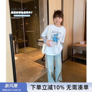 假两件上衣卡通短袖 女大童防晒袖 青少年条纹拼袖 新款 T恤2024夏装