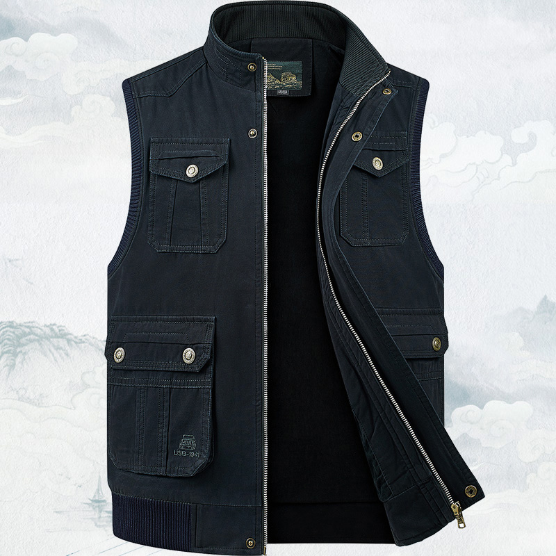 多口袋纯棉马甲中老年男士休闲男装马夹爸爸春秋上衣坎肩户外背心