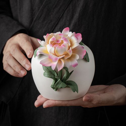 新中式复古陶瓷手工牡丹花瓶摆件客厅插花花器玄关软装桌面装饰品