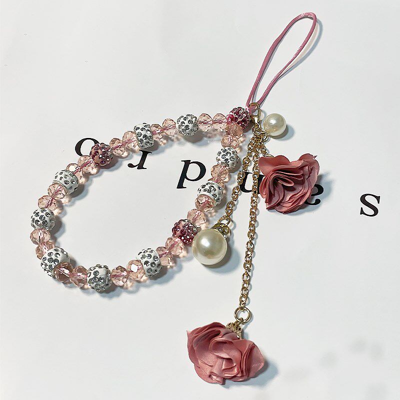 手机链花朵水晶手机挂绳珍珠吊坠时尚饰品挂链手腕短W款挂链女新