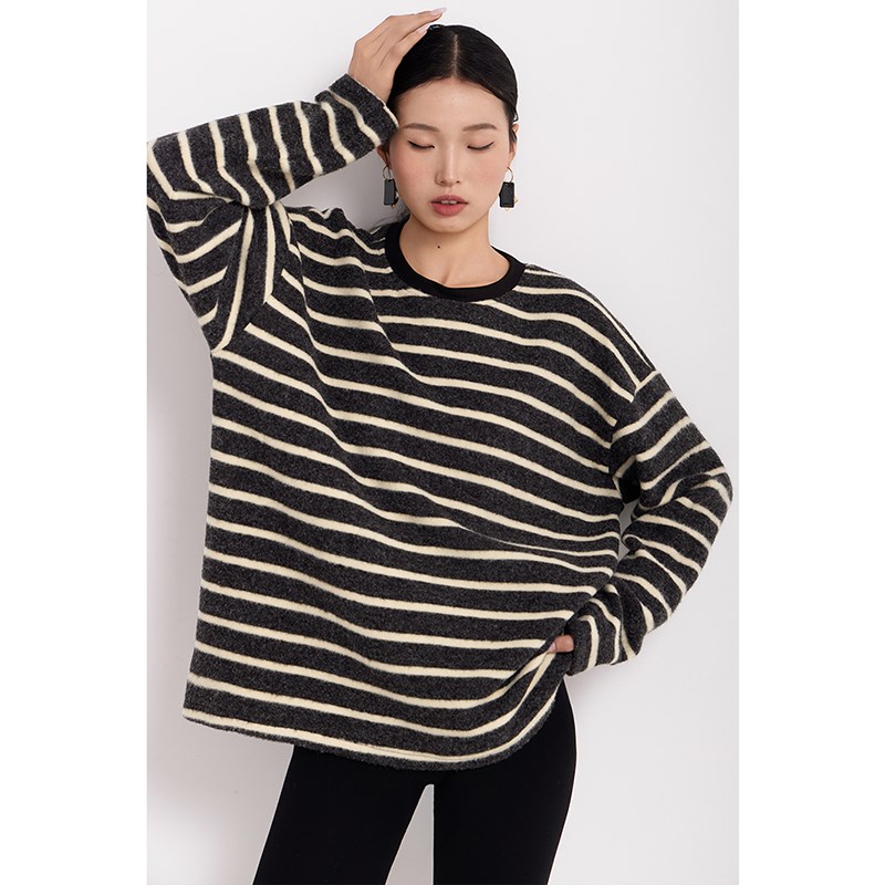 CR毛衣上衣针织打底衫罩衫双面磨毛条纹加厚女装春秋宽松百搭长袖