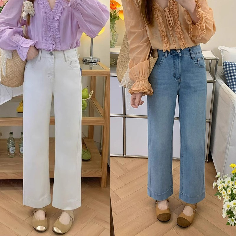 白色直筒牛仔裤女夏季新款大码胖mm梨形身材高腰显瘦弹力阔腿裤子