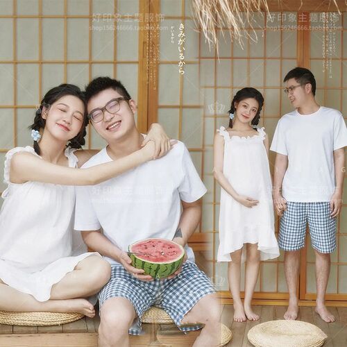 孕妇影楼情侣主题拍照新款法式夏日白色连衣裙孕妈咪写真摄影服