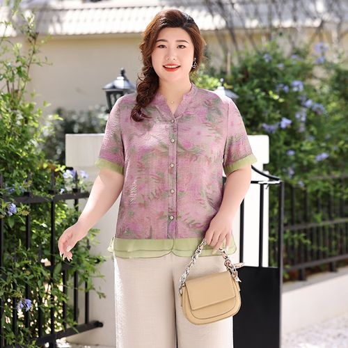 夏季新款时尚雪纺衬衫大码胖妈妈装洋气加肥时尚花色休闲短袖上衣