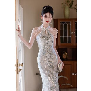 旗袍晚礼服裙女亮片高级感宴会高端轻奢新娘绝美订婚晨袍气质鱼尾