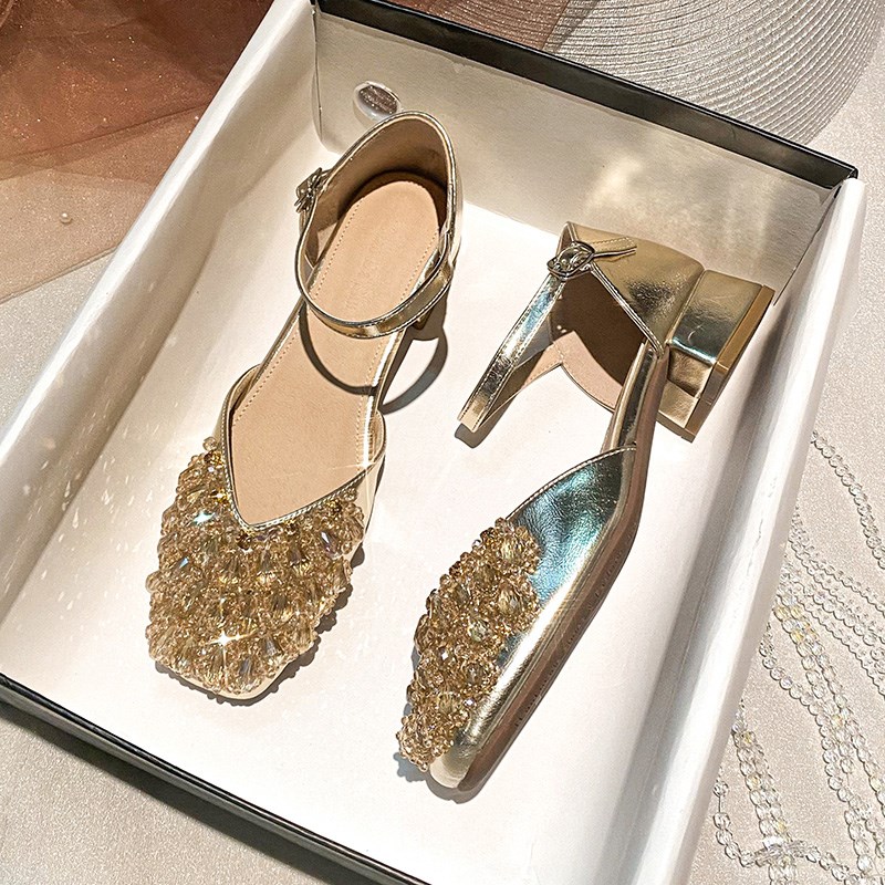 法式粗跟中跟包头凉鞋女夏季外穿2025新K款一字带浅口单鞋大码女