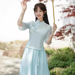 日常汉服套装 新中式 年轻款 上衣薄款 半身裙茶艺服 国风改良旗袍唐装