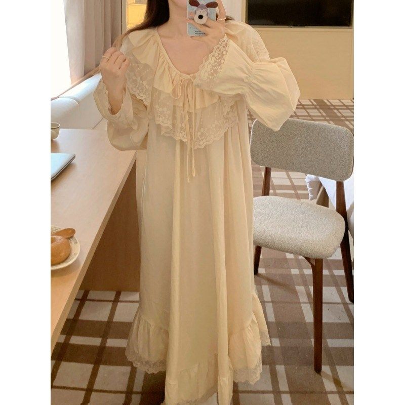 睡裙女春秋季法式甜美宫廷风V领蕾丝花边纯棉麻长袖睡衣中长款薄