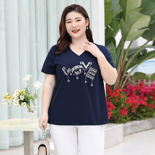 短袖 新款 t恤女胖mm纯棉V领宽松200斤遮肉显瘦上衣 妈妈装 加肥大码
