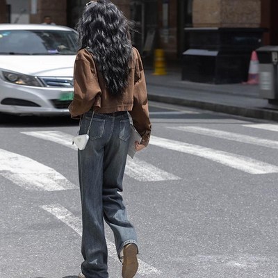 春秋季气质直筒女牛仔棉短外套显瘦时尚港风咖啡色小个子翻领上衣