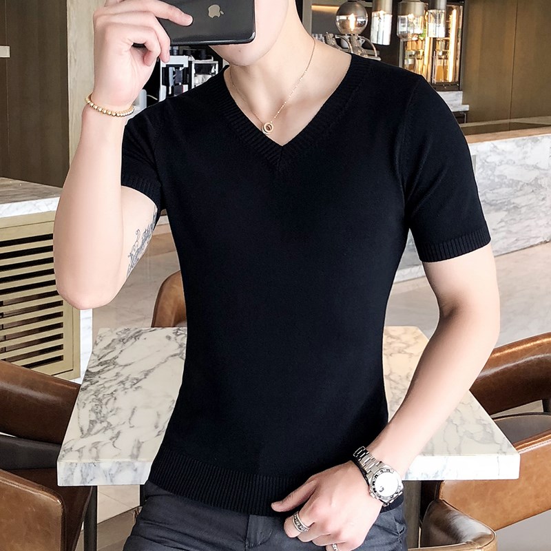 潮流白色短袖针织衫男韩版春夏半袖上衣青年薄款休闲半截袖V领T恤