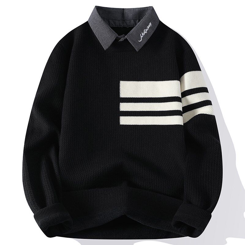 秋冬季男士衬衫领针织衫青年带领保暖加厚宽松套头假两件毛衣男款