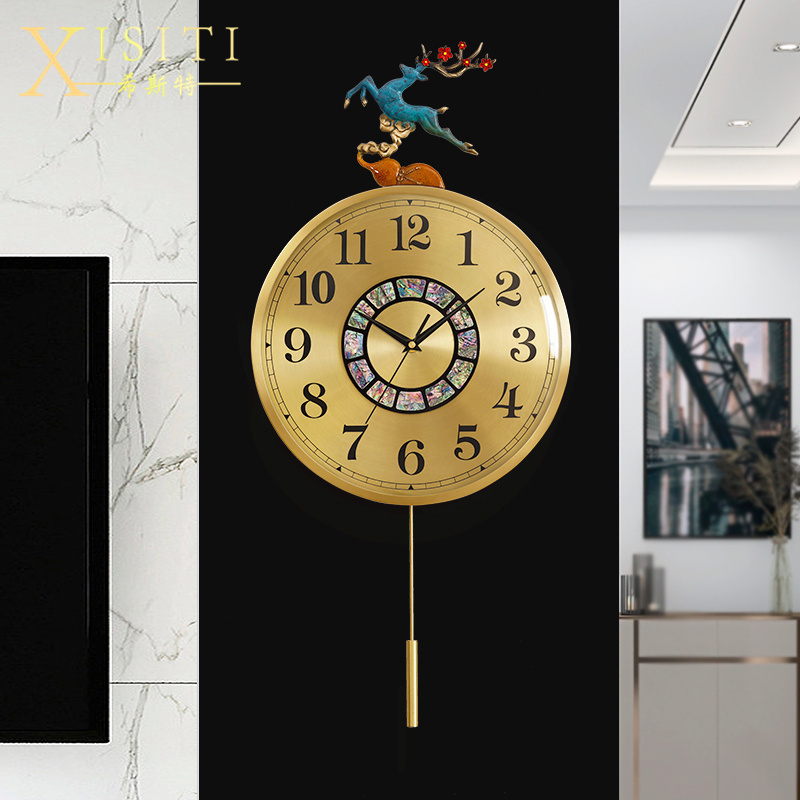 现代黄铜钟表轻奢新款新中式挂钟客厅卧室创意欧式时尚简约鹿时钟