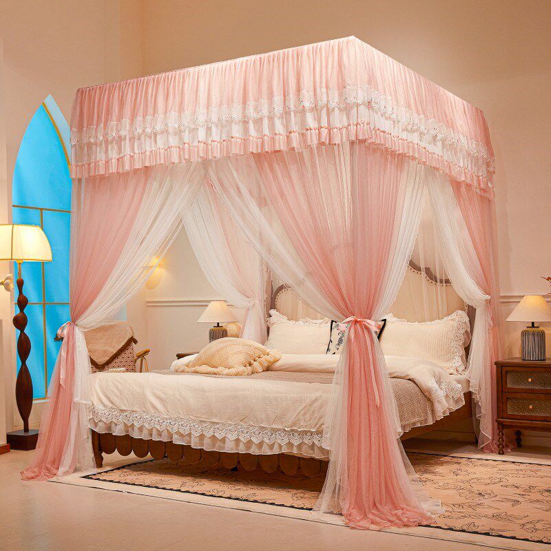2025新款公主风加密双层纱宫廷蚊帐家用卧室三开门床幔落地式支架