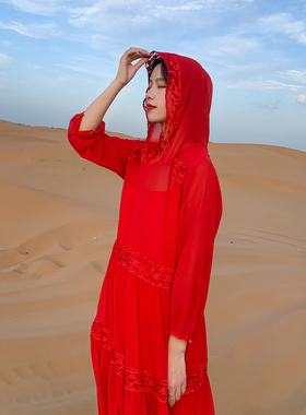 春秋新款超仙红色雪纺宽松大码连帽七分袖两件套连衣裙度假长裙