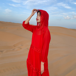 两件套连衣裙度假长裙 连帽七分袖 春秋新款 超仙红色雪纺宽松大码