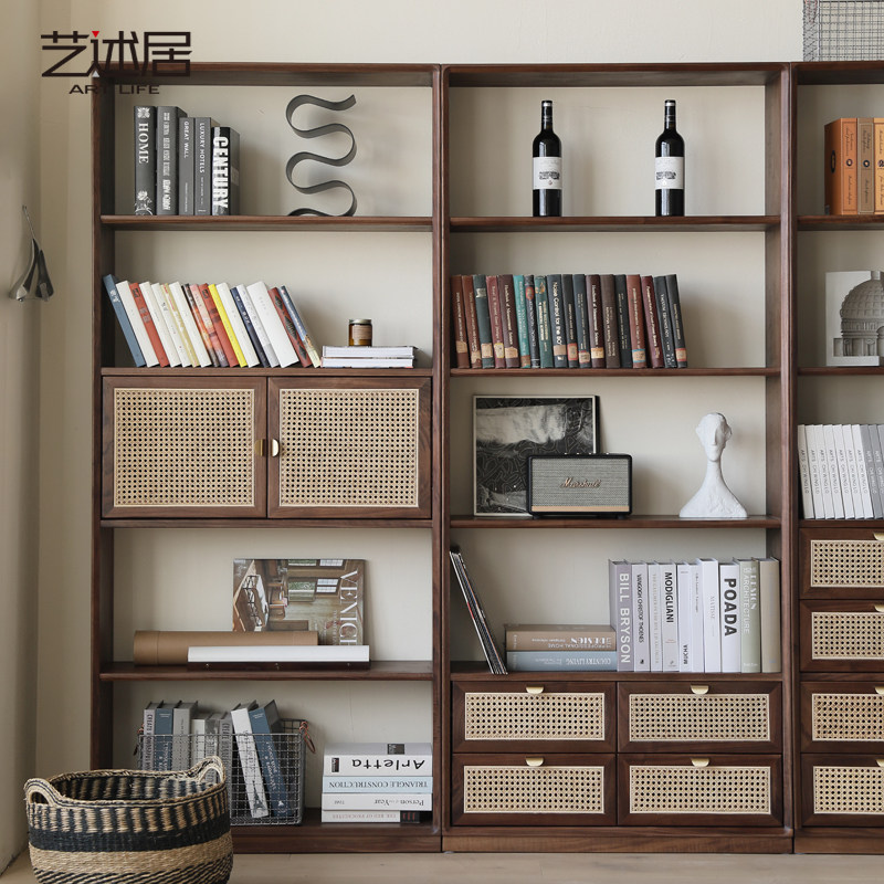 北欧日式全实木组合书柜简约现代黑胡桃木书架藤编落地收纳置物柜,住宅家具,书架,淘宝优惠券,粉丝福利购,淘宝优惠卷