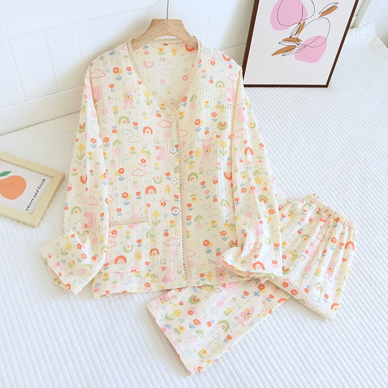 带胸垫睡衣女春秋季纯棉纱布长袖薄款简约免文胸日系家居服两件套