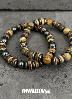 复古做旧串珠手链男款高级感天然黑胆石木珠手串男士手链礼物饰品