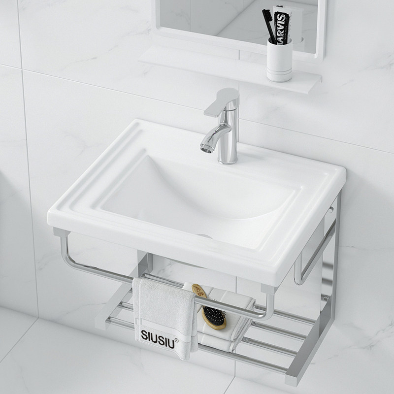 简约挂墙式洗f手盆不锈钢支架陶瓷洗脸盆小户型卫生间一体简易台