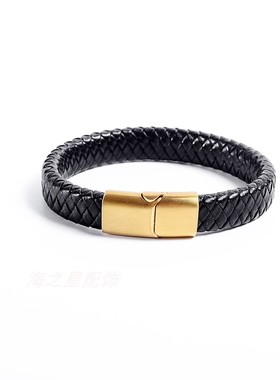 粗款男士皮手绳编织扁手镯简约大气宽手链黑色新品推荐流行饰品