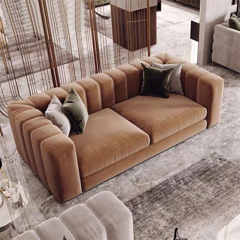美式复古棕色g布艺沙发会所公寓轻奢丝绒三人沙发现代客厅休闲沙