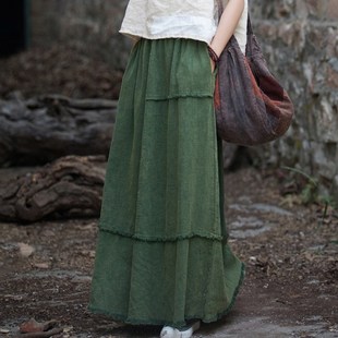 苎麻磨毛休闲半身裙女2024年春秋新品 大摆裙长裙a字裙 棉麻中长款