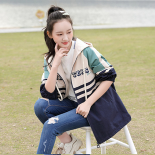初中学生风衣女春季外套中长款2025春装新款高中连帽上衣学院风