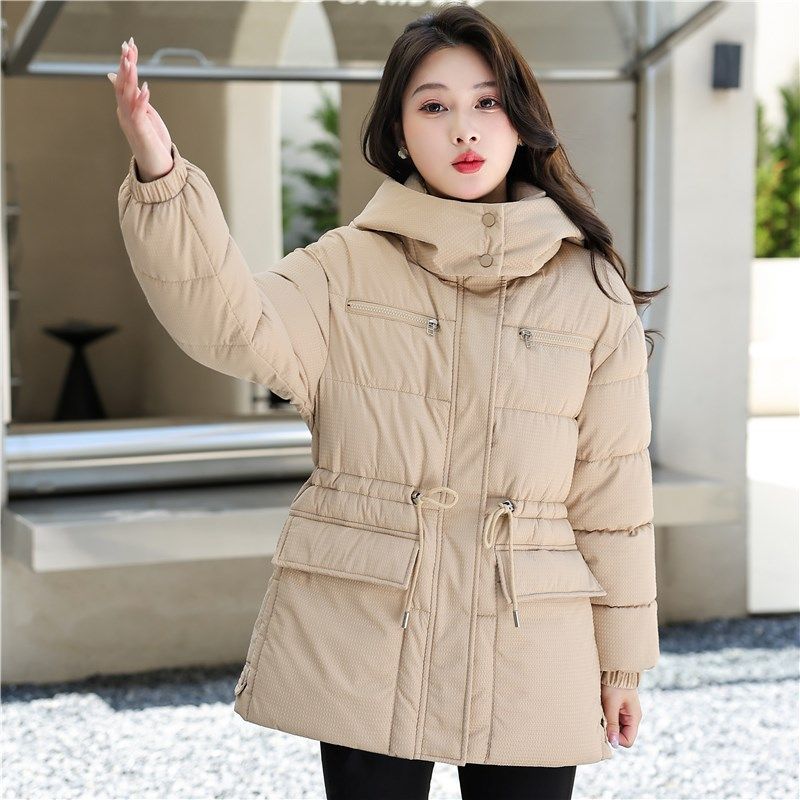 高端棉衣女中长款2024冬季新款宽松加厚抽绳收腰休闲连帽保暖外套